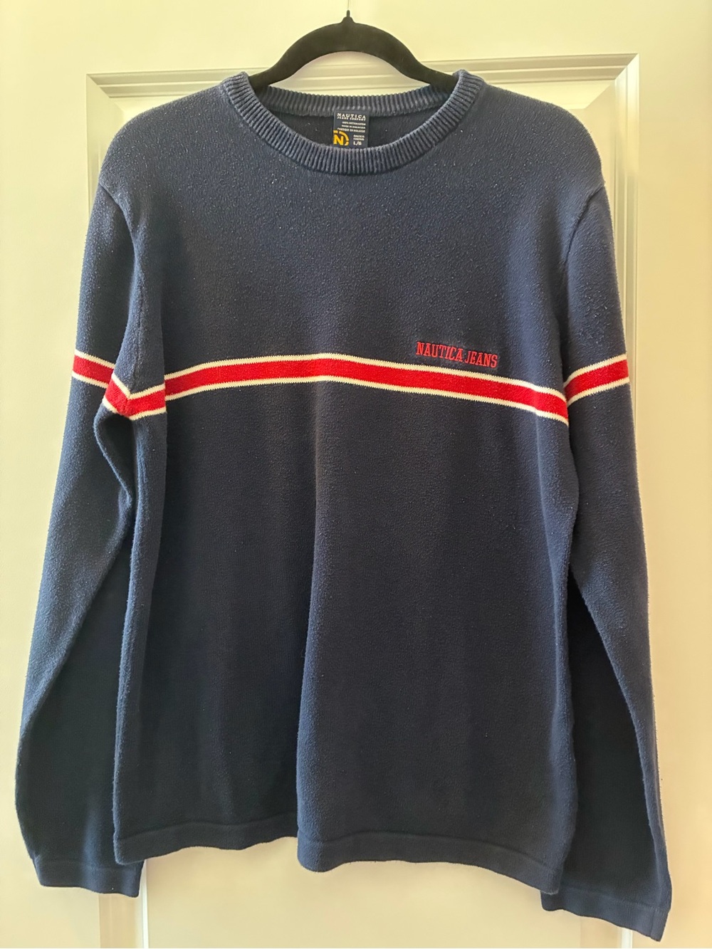 Vintage Nautica Navy Crewneck Sweater with Red & White Stripe